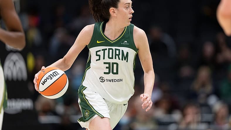 May 29, 2022; Seattle, Washington, USA; Seattle Storm forward Breanna Stewart (30) dribbles the ball against the New York Liberty at Climate Pledge Arena. Mandatory Credit: Stephen Brashear-USA TODAY Sports