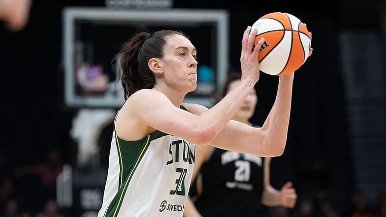 May 29, 2022; Seattle, Washington, USA; Seattle Storm forward Breanna Stewart (30) shoots the ball against the New York Liberty at Climate Pledge Arena. Mandatory Credit: Stephen Brashear-USA TODAY Sports
