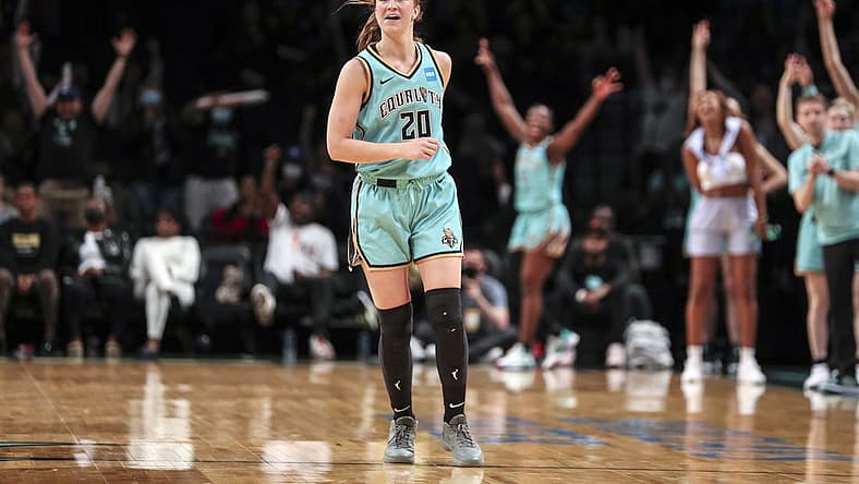 Jun 1, 2022; Brooklyn, New York, USA; New York Liberty guard Sabrina Ionescu (20) celebrate after the Indiana Fever call timeout in the fourth quarter at Barclays Center. Mandatory Credit: Wendell Cruz-USA TODAY Sports