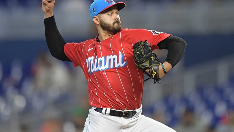 Jun 4, 2022; Miami, Florida, USA; Miami Marlins starting pitcher Pablo Lopez (49) delivers during the first inning against the San Francisco Giants at loanDepot Park. Mandatory Credit: Jim Rassol-USA TODAY Sports
