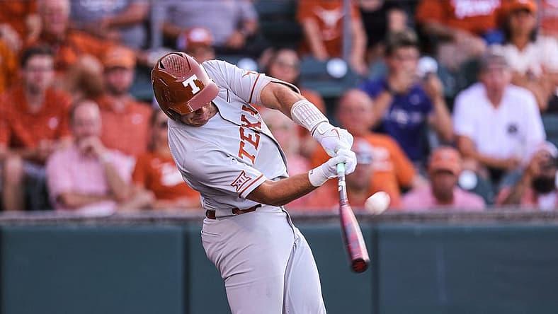 Texas infielder Ivan Melendez (17) hits a ball during the NCAA regional playoff game against Air Force at Disch-Falk Field in Austin, Texas on June 5, 2022.
Aem Texas V Air Force Ncaa G2 5