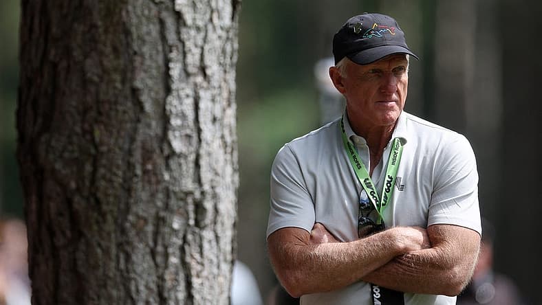 (EDITORS NOTE: photo is for use by U.S. and Canada customers only) June 10, 2022; St. Albans, UK; LIV golf chief executive Greg Norman looks on during the second round of the inaugural LIV golf invitational golf tournament at the Centurion Club. Mandatory Credit: Paul Childs-Action Images/Reuters via USA TODAY Sports