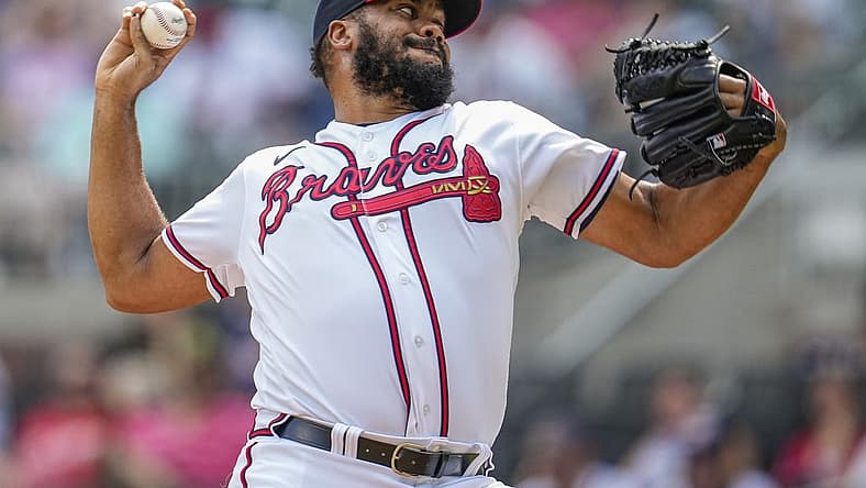 Jun 12, 2022; Cumberland, Georgia, USA; Atlanta Braves relief pitcher Kenley Jansen (74) pitches against the Pittsburgh Pirates during the ninth inning at Truist Park. Mandatory Credit: Dale Zanine-USA TODAY Sports