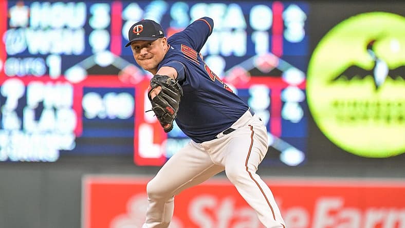 May 14, 2022; Minneapolis, Minnesota, USA; Minnesota Twins relief pitcher Joe Smith (38) in action against the Cleveland Guardians at Target Field. Mandatory Credit: Jeffrey Becker-USA TODAY Sports