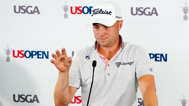 Jun 13, 2022; Brookline, Massachusetts, USA; Justin Thomas addresses the media during a press conference before rounds of the U.S. Open golf tournament at The Country Club. Mandatory Credit: John David Mercer-USA TODAY Sports