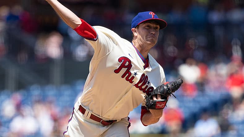 Jun 15, 2022; Philadelphia, Pennsylvania, USA; Philadelphia Phillies starting pitcher Kyle Gibson (44) throws a pitch during the third inning against the Miami Marlins at Citizens Bank Park. Mandatory Credit: Bill Streicher-USA TODAY Sports