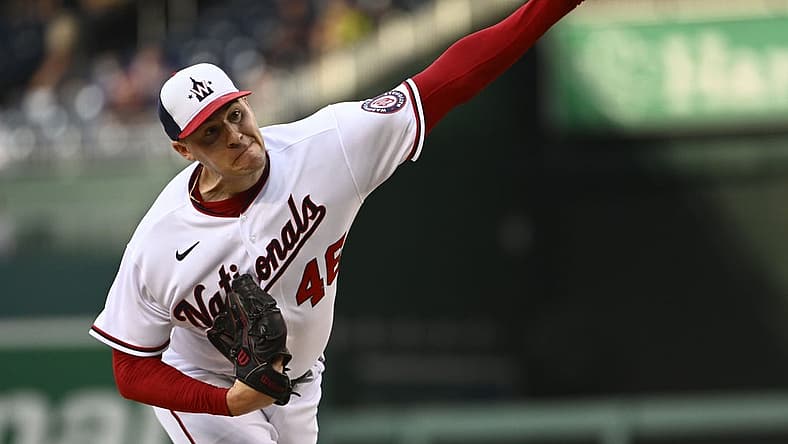 Jun 16, 2022; Washington, District of Columbia, USA; Washington Nationals starting pitcher Patrick Corbin (46) throws to the Philadelphia Phillies during the first inning at Nationals Park. Mandatory Credit: Brad Mills-USA TODAY Sports