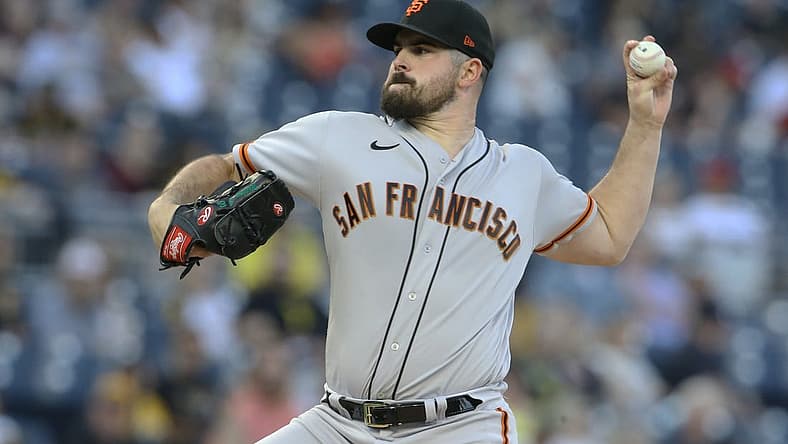 Jun 17, 2022; Pittsburgh, Pennsylvania, USA; San Francisco Giants starting pitcher Carlos Rodon (16) delivers a pitch against the Pittsburgh Pirates during the first inning at PNC Park. Mandatory Credit: Charles LeClaire-USA TODAY Sports