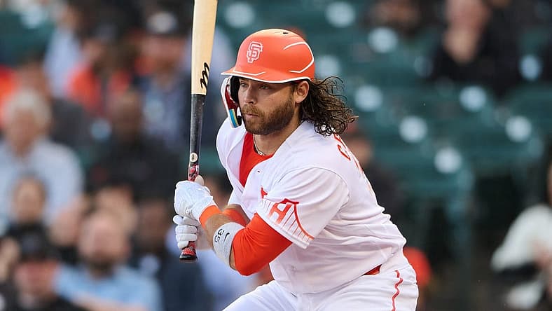 Jun 7, 2022; San Francisco, California, USA; San Francisco Giants shortstop Brandon Crawford (35) batting during the first inning against the Colorado Rockies at Oracle Park. Mandatory Credit: Robert Edwards-USA TODAY Sports