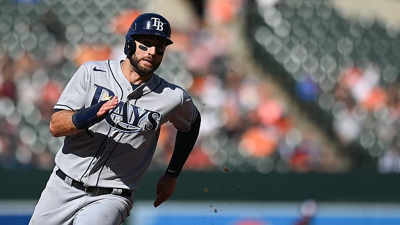 Jun 18, 2022; Baltimore, Maryland, USA; Tampa Bay Rays center fielder Kevin Kiermaier (39) rounds third base to score during the third inning against the Baltimore Orioles at Oriole Park at Camden Yards. Mandatory Credit: Tommy Gilligan-USA TODAY Sports
