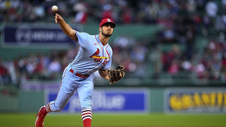 Jun 18, 2022; Boston, Massachusetts, USA; St. Louis Cardinals pitcher Dakota Hudson (43) deliver against the Boston Red Sox during the first inning at Fenway Park. Mandatory Credit: Gregory Fisher-USA TODAY Sports