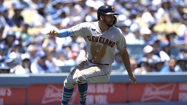 Jun 19, 2022; Los Angeles, California, USA; Cleveland Guardians left fielder Oscar Mercado (35) rounds third base to score in the second inning against the Los Angeles Dodgers at Dodger Stadium. Mandatory Credit: Kirby Lee-USA TODAY Sports