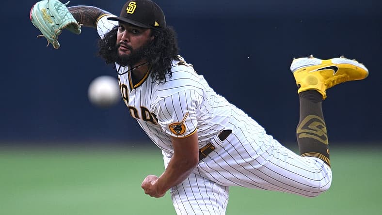 Jun 21, 2022; San Diego, California, USA; San Diego Padres starting pitcher Sean Manaea (55) throws a pitch against the Arizona Diamondbacks during the first inning at Petco Park. Mandatory Credit: Orlando Ramirez-USA TODAY Sports
