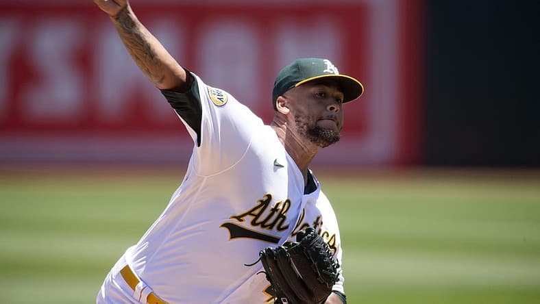 Jun 23, 2022; Oakland, California, USA; Oakland Athletics starting pitcher Frankie Montas (47) delivers a pitch against the Seattle Mariners during the second inning at RingCentral Coliseum. Mandatory Credit: D. Ross Cameron-USA TODAY Sports