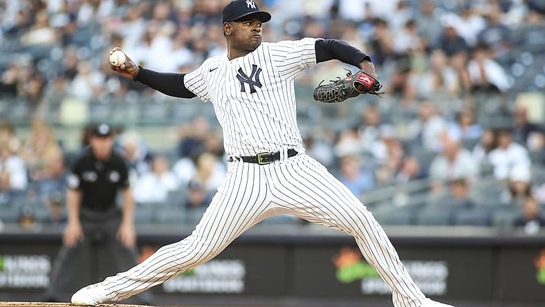 Jun 24, 2022; Bronx, New York, USA; New York Yankees starting pitcher Luis Severino (40) pitches in the first inning against the Houston Astros at Yankee Stadium. Mandatory Credit: Wendell Cruz-USA TODAY Sports