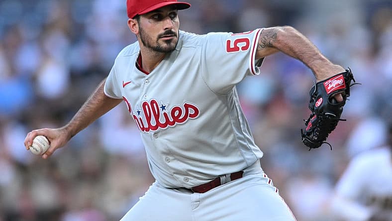 Jun 25, 2022; San Diego, California, USA; Philadelphia Phillies starting pitcher Zach Eflin (56) throws a pitch against the San Diego Padres during the first inning at Petco Park. Mandatory Credit: Orlando Ramirez-USA TODAY Sports