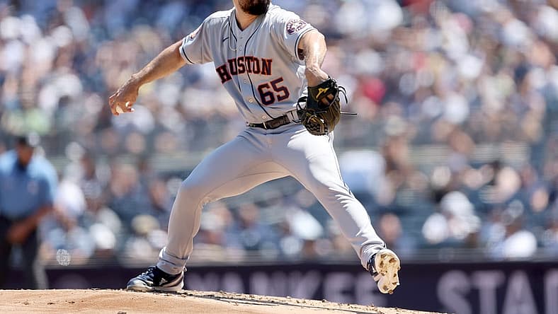 Jun 26, 2022; Bronx, New York, USA; Houston Astros starting pitcher Jose Urquidy (65) pitches against the New York Yankees during the first inning at Yankee Stadium. Mandatory Credit: Brad Penner-USA TODAY Sports