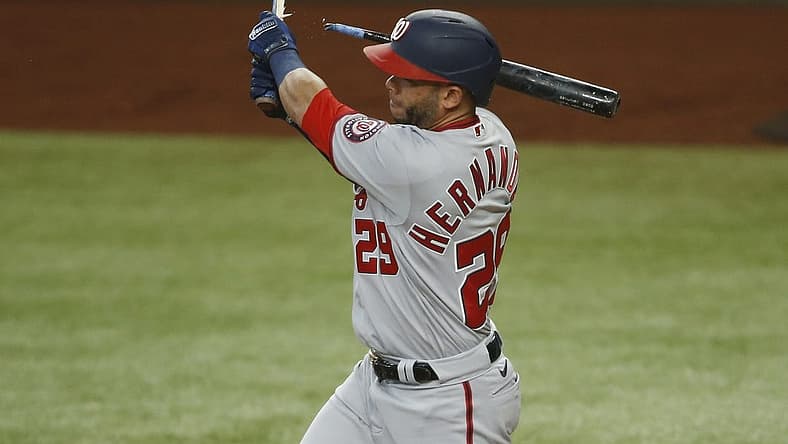 Jun 26, 2022; Arlington, Texas, USA; Washington Nationals left fielder Yadiel Hernandez (29) breaks his bat in the fifth inning against the Texas Rangers at Globe Life Field. Mandatory Credit: Tim Heitman-USA TODAY Sports