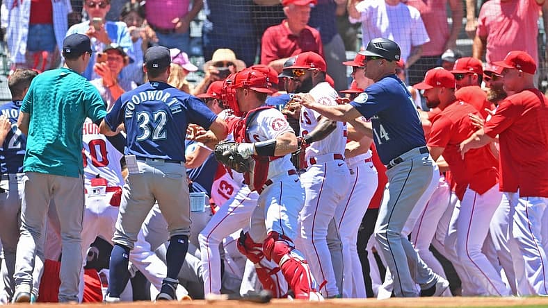 Jun 26, 2022; Anaheim, California, USA; The Los Angeles Angels and Seattle Mariners cleared the benched during a brawl in the second inning at Angel Stadium. Mandatory Credit: Jayne Kamin-Oncea-USA TODAY Sports