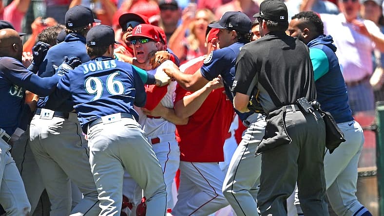 Jun 26, 2022; Anaheim, California, USA; The Los Angeles Angels and Seattle Mariners cleared the benched during a brawl in the second inning at Angel Stadium. Mandatory Credit: Jayne Kamin-Oncea-USA TODAY Sports