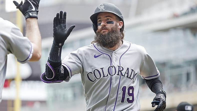 Jun 26, 2022; Minneapolis, Minnesota, USA; Colorado Rockies right fielder Charlie Blackmon (19) celebrates his solo home run against the Minnesota Twins in the third inning at Target Field. Mandatory Credit: Bruce Kluckhohn-USA TODAY Sports