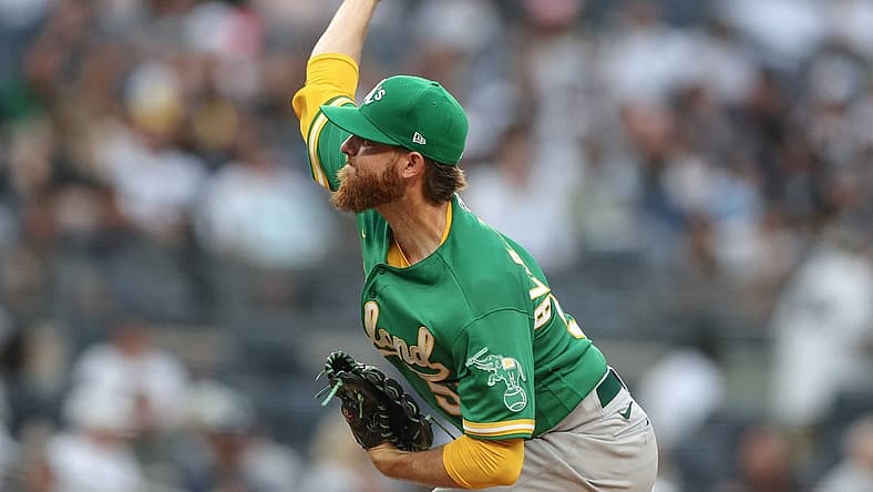 Jun 27, 2022; Bronx, New York, USA; Oakland Athletics starting pitcher Paul Blackburn (58) delivers a pitch against the New York Yankees during the first inning at Yankee Stadium. Mandatory Credit: Vincent Carchietta-USA TODAY Sports
