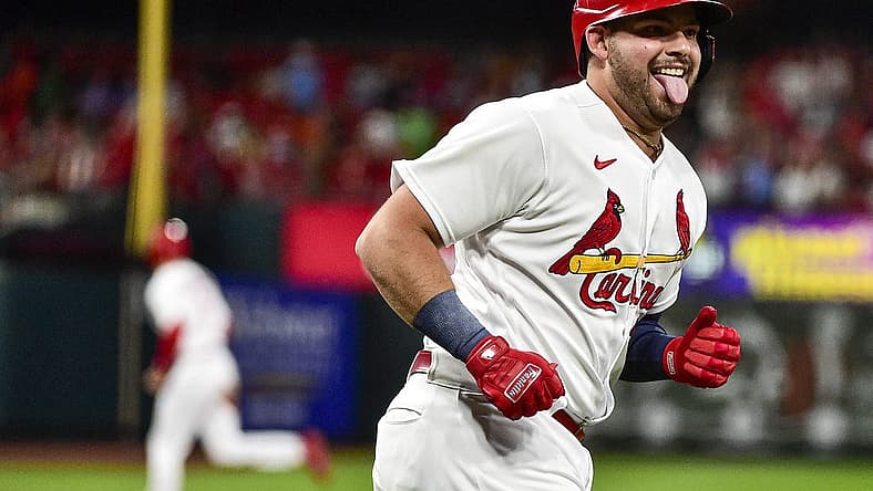 Jun 27, 2022; St. Louis, Missouri, USA; St. Louis Cardinals designated hitter Juan Yepez (36) reacts after hitting his second home run of the game a two run homer against the Miami Marlins during the sixth inning at Busch Stadium. Mandatory Credit: Jeff Curry-USA TODAY Sports