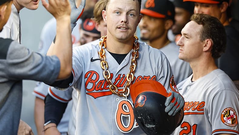 Jun 27, 2022; Seattle, Washington, USA; Baltimore Orioles first baseman Ryan Mountcastle (6) celebrates in the dugout after hitting a solo-home run against the Seattle Mariners during the third inning at T-Mobile Park. Mandatory Credit: Joe Nicholson-USA TODAY Sports