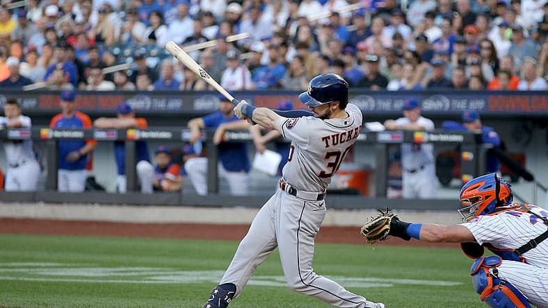 Jun 28, 2022; New York City, New York, USA; Houston Astros right fielder Kyle Tucker (30) follows through on a three run home run against the New York Mets during the first inning at Citi Field. Mandatory Credit: Brad Penner-USA TODAY Sports