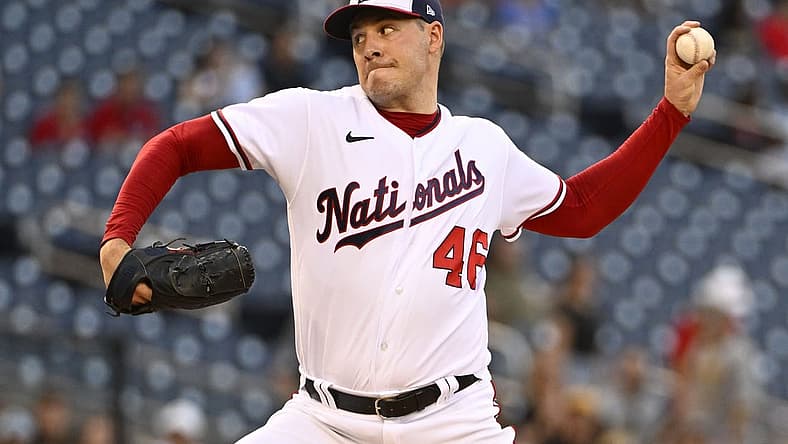 Jun 28, 2022; Washington, District of Columbia, USA; Washington Nationals starting pitcher Patrick Corbin (46) throws to the Pittsburgh Pirates during the first inning at Nationals Park. Mandatory Credit: Brad Mills-USA TODAY Sports