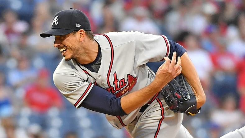 Jun 28, 2022; Philadelphia, Pennsylvania, USA; Atlanta Braves starting pitcher Charlie Morton (50) follows through on a pitch during the second inning against the Philadelphia Phillies at Citizens Bank Park. Mandatory Credit: Eric Hartline-USA TODAY Sports