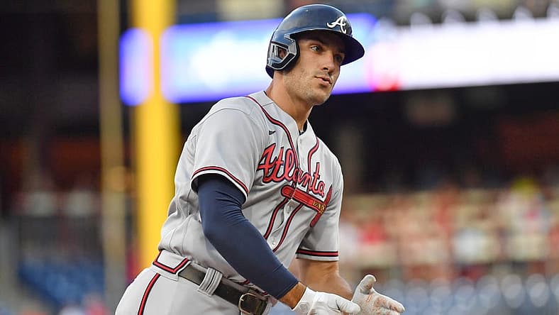 Jun 28, 2022; Philadelphia, Pennsylvania, USA; Atlanta Braves first baseman Matt Olson (28) reacts after hitting a home run during the first inning against the Philadelphia Phillies at Citizens Bank Park. Mandatory Credit: Eric Hartline-USA TODAY Sports