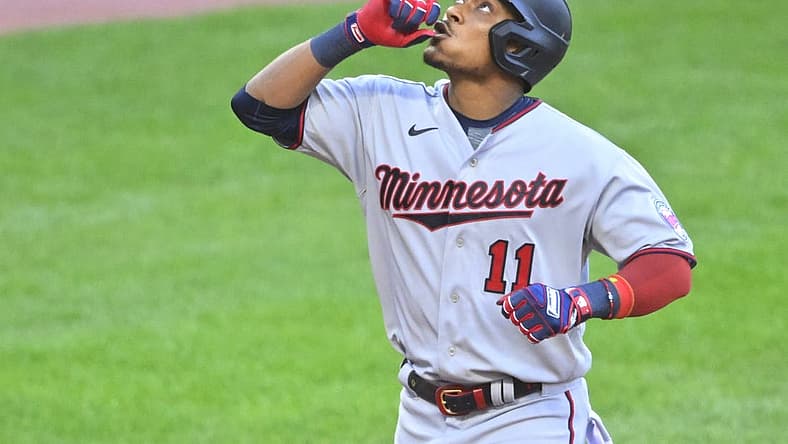 Jun 28, 2022; Cleveland, Ohio, USA; Minnesota Twins second baseman Jorge Polanco (11) celebrates his two-run home run in the third inning against the Cleveland Guardians at Progressive Field. Mandatory Credit: David Richard-USA TODAY Sports