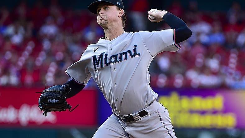 Jun 28, 2022; St. Louis, Missouri, USA; Miami Marlins starting pitcher Braxton Garrett (60) pitches against the St. Louis Cardinals during the first inning at Busch Stadium. Mandatory Credit: Jeff Curry-USA TODAY Sports