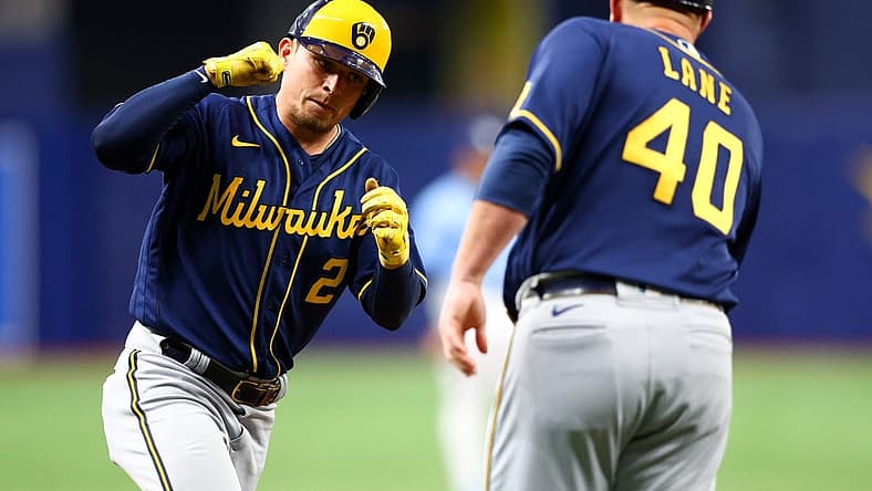 Jun 28, 2022; St. Petersburg, Florida, USA;  Milwaukee Brewers third baseman Luis Urias (2) runs the bases after hitting a two-run home run against the Tampa Bay Rays in the sixth inning at Tropicana Field. Mandatory Credit: Nathan Ray Seebeck-USA TODAY Sports
