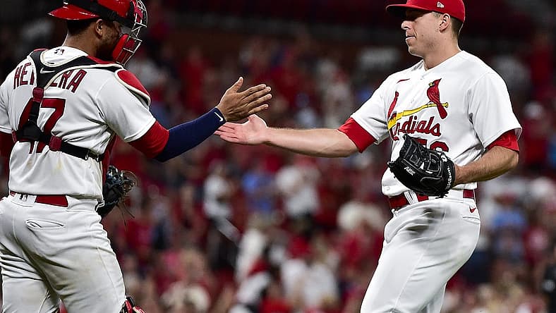 Jun 28, 2022; St. Louis, Missouri, USA; St. Louis Cardinals relief pitcher Ryan Helsley (56) celebrates with catcher Ivan Herrera (47) after the Cardinals defeated the Miami Marlins at Busch Stadium. Mandatory Credit: Jeff Curry-USA TODAY Sports