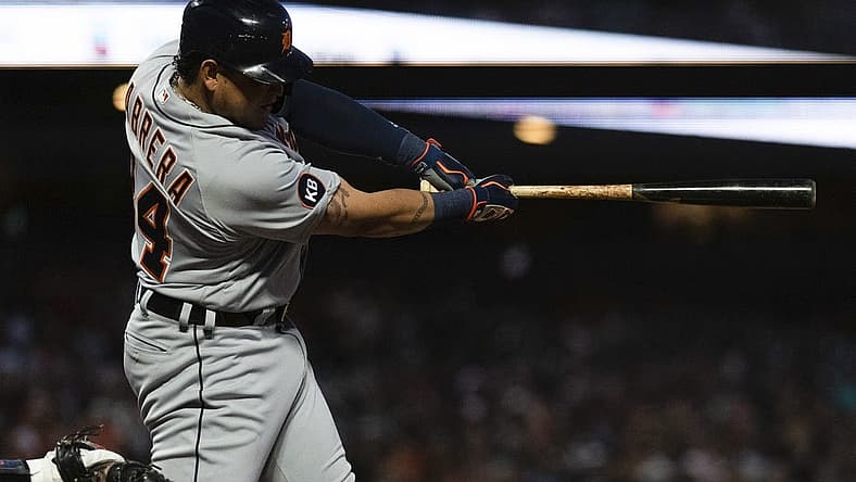 Jun 28, 2022; San Francisco, California, USA; Detroit Tigers designated hitter Miguel Cabrera (24) hits a RBI single during the sixth inning against the San Francisco Giants at Oracle Park. Mandatory Credit: Stan Szeto-USA TODAY Sports