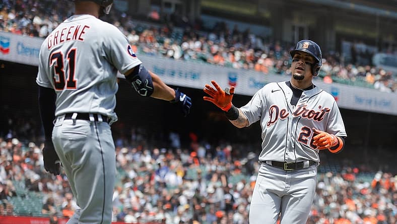 Jun 29, 2022; San Francisco, California, USA; Detroit Tigers shortstop Javier Baez (28) celebrates with center fielder Riley Greene (31) after scoring a run during the fourth inning against the San Francisco Giants at Oracle Park. Mandatory Credit: Sergio Estrada-USA TODAY Sports