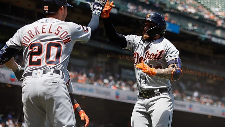 Jun 29, 2022; San Francisco, California, USA; Detroit Tigers catcher Eric Haase (13) is congratulated by first baseman Spencer Torkelson (20) after hitting a two run home run during the sixth inning against the San Francisco Giants at Oracle Park. Mandatory Credit: Sergio Estrada-USA TODAY Sports