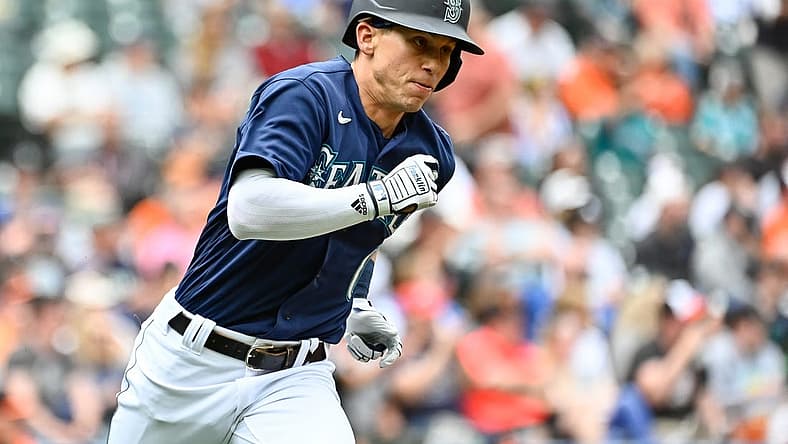 Jun 29, 2022; Seattle, Washington, USA; Seattle Mariners right fielder Sam Haggerty (0) runs towards first base after hitting a RBI double against the Baltimore Orioles during the fourth inning at T-Mobile Park. Mandatory Credit: Steven Bisig-USA TODAY Sports