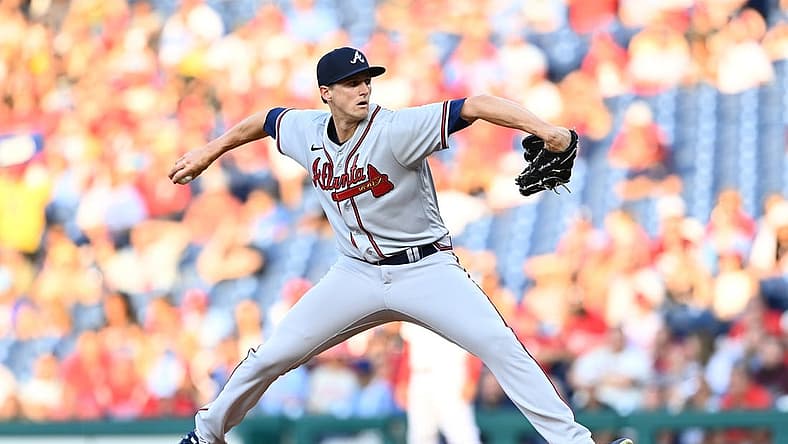 Jun 29, 2022; Philadelphia, Pennsylvania, USA; Atlanta Braves pitcher Kyle Wright (30) throws a pitch against the Philadelphia Phillies in the first inning at Citizens Bank Park. Mandatory Credit: Kyle Ross-USA TODAY Sports