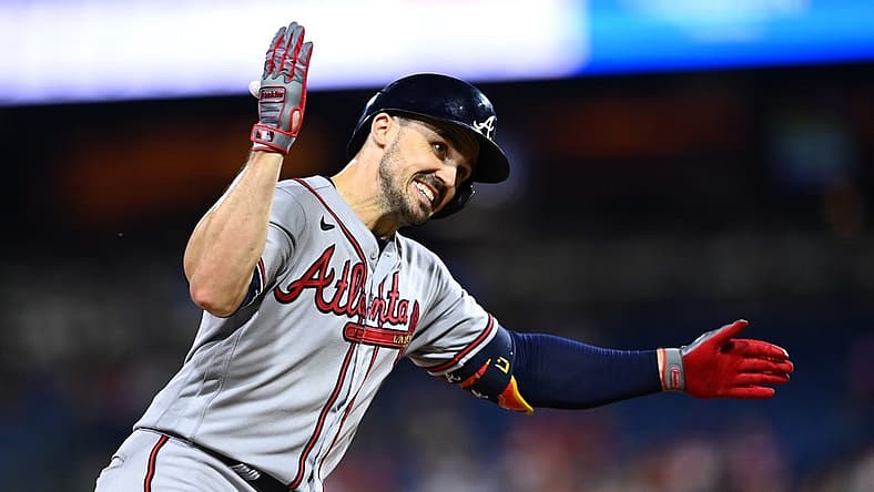 Jun 29, 2022; Philadelphia, Pennsylvania, USA; Atlanta Braves outfielder Adam Duvall (14) reacts after hitting a home run against the Philadelphia Phillies in the seventh inning at Citizens Bank Park. Mandatory Credit: Kyle Ross-USA TODAY Sports