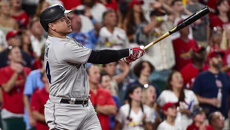 Jun 29, 2022; St. Louis, Missouri, USA; Miami Marlins right fielder Avisail Garcia (24) hits a go ahead two run home run against the St. Louis Cardinals during the ninth inning at Busch Stadium. Mandatory Credit: Jeff Curry-USA TODAY Sports