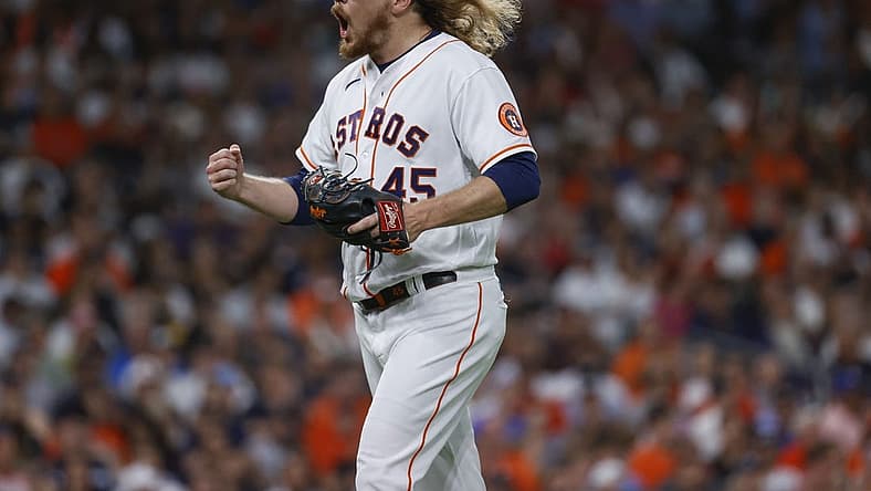 Jun 30, 2022; Houston, Texas, USA; Houston Astros relief pitcher Ryne Stanek (45) reacts after an out during the sixth inning against the New York Yankees at Minute Maid Park. Mandatory Credit: Troy Taormina-USA TODAY Sports