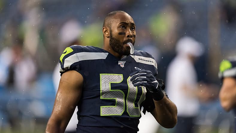 Aug 29, 2019; Seattle, WA, USA; Seattle Seahawks outside linebacker K.J. Wright (50) prior to the game against the Oakland Raiders at CenturyLink Field. Mandatory Credit: Steven Bisig-USA TODAY Sports