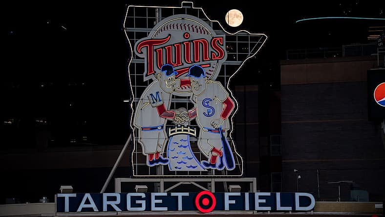 Sep 1, 2020; Minneapolis, Minnesota, USA; A full moon rises over the Minnesota Twins logo in a game between the Minnesota Twins and Chicago White Sox at Target Field. Mandatory Credit: Brad Rempel-USA TODAY Sports