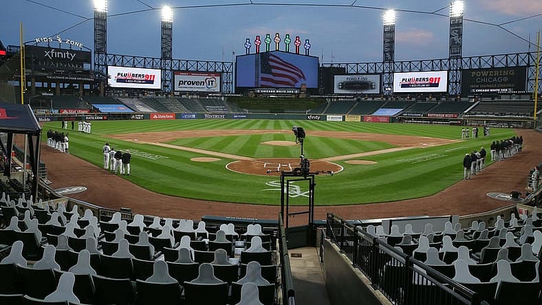 Sep 11, 2020; Chicago, Illinois, USA; A general shot of the field during a moment of silence to commemorate 9/11/2001 prior to a game between the Chicago White Sox and the Detroit Tigers at Guaranteed Rate Field. Mandatory Credit: Dennis Wierzbicki-USA TODAY Sports
