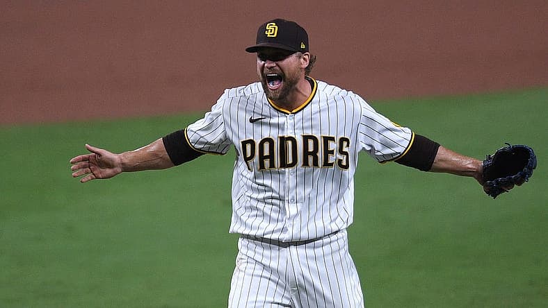 Oct 2, 2020; San Diego, California, USA; San Diego Padres relief pitcher Trevor Rosenthal (47) reacts after the Padres defeated the St. Louis Cardinals at Petco Park. Mandatory Credit: Orlando Ramirez-USA TODAY Sports