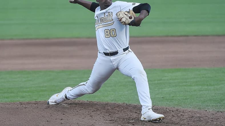 Jun 30, 2021; Omaha, Nebraska, USA; Vanderbilt Commodores pitcher Kumar Rocker (80) pitches in the fourth inning against the Mississippi St. Bulldogs at TD Ameritrade Park. Mandatory Credit: Steven Branscombe-USA TODAY Sports