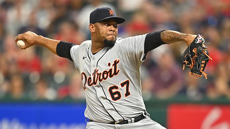 Aug 7, 2021; Cleveland, Ohio, USA; Detroit Tigers relief pitcher Jose Cisnero (67) throws a pitch during the eighth inning against the Cleveland Indians at Progressive Field. Mandatory Credit: Ken Blaze-USA TODAY Sports